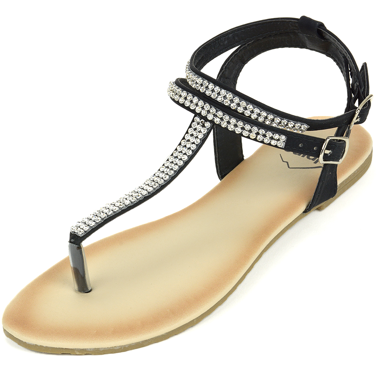 サンダル・ミュール STRAP FLAT Alpine Swiss Womens Slingback T-Strap Rhinestone Ankle Strap